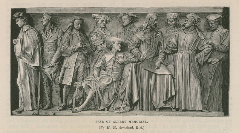 Beelden aan de voet van het Albert Memorial door Henry Hugh Armstead