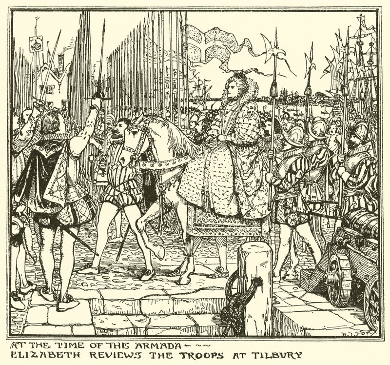 Ten Tijde van de Armada. Elizabeth Inspecteert de Troepen bij Tilbury door Henry Justice Ford