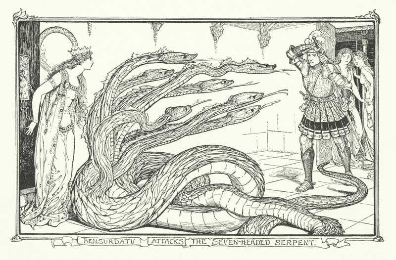 Bensurdatu Valt de Zevenkoppige Slang Aan (gravure) door Henry Justice Ford