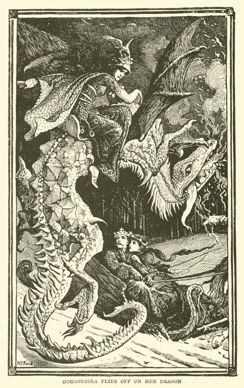 Gorgonzola vliegt weg op haar draak (gravure) door Henry Justice Ford