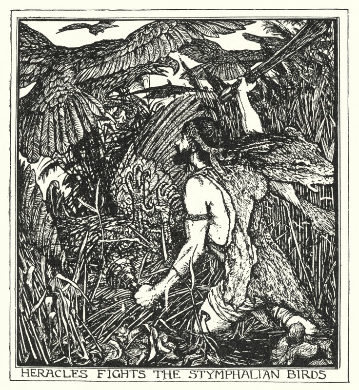 Heracles vecht tegen de Stymphalische vogels (litho) door Henry Justice Ford