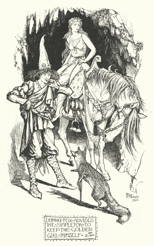 Kreupel-Vos Adviseert de Simpel om het Gouden Meisje Zelf te Houden (gravure) door Henry Justice Ford
