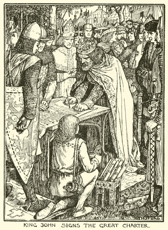 Magna Carta. Koning Jan ondertekent de Grote Oorkonde (gravure) door Henry Justice Ford
