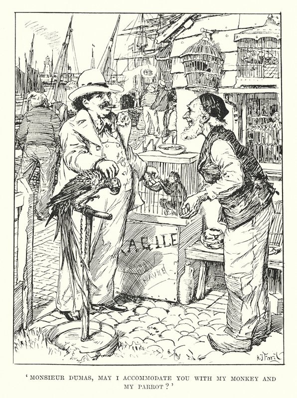 Monsieur Dumas, mag ik u mijn aap en mijn papegaai aanbieden? (gravure) door Henry Justice Ford