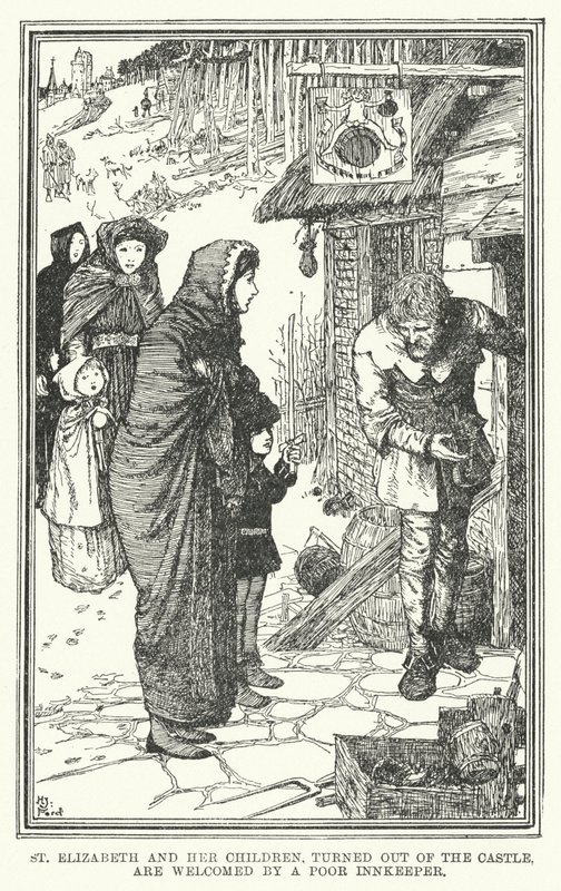 St. Elizabeth en haar kinderen, uit het kasteel gezet, worden verwelkomd door een arme herbergier door Henry Justice Ford