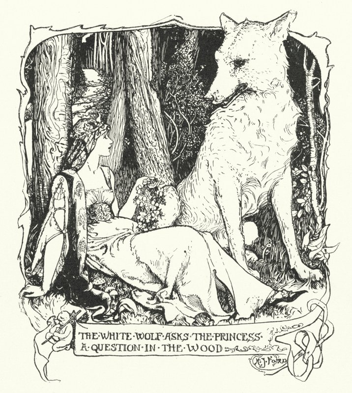 De witte wolf stelt de prinses een vraag in het bos (gravure) door Henry Justice Ford
