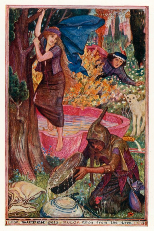 De heks haalt Pulga uit de boom (kleur litho) door Henry Justice Ford