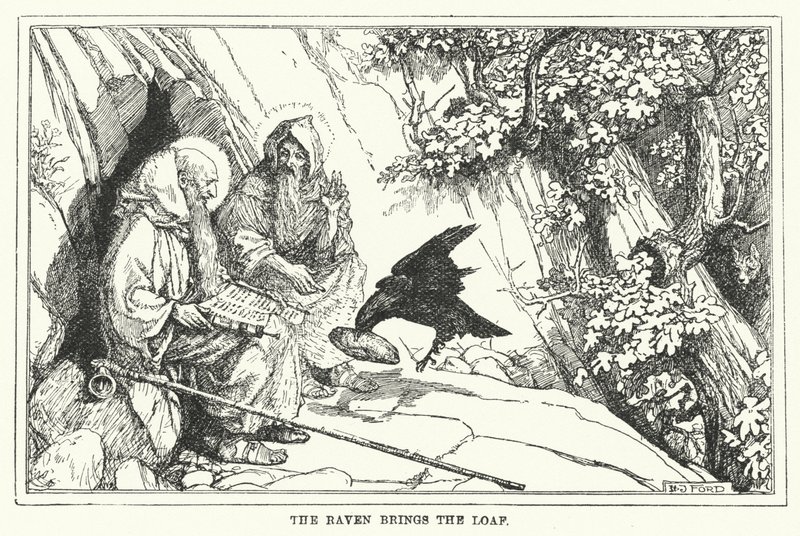 De raaf brengt het brood (litho) door Henry Justice Ford