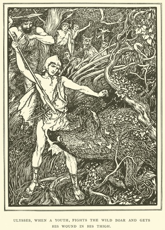 Ulysses, als een Jongeling, Vecht tegen het Wilde Zwijn en krijgt zijn Wond in zijn Dij door Henry Justice Ford