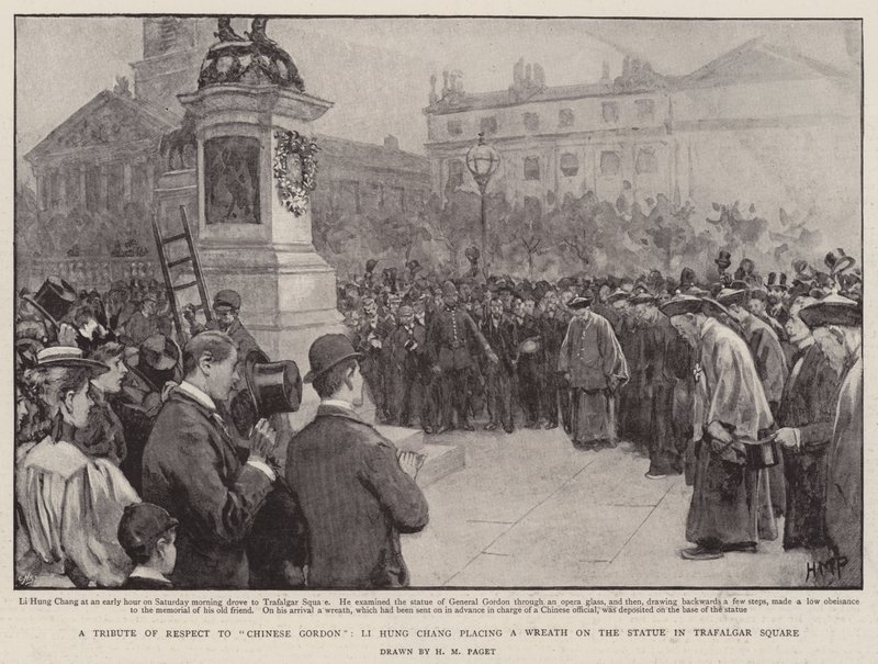 Een eerbetoon aan Chinese Gordon, Li Hung Chang legt een krans op het standbeeld op Trafalgar Square door Henry Marriott Paget
