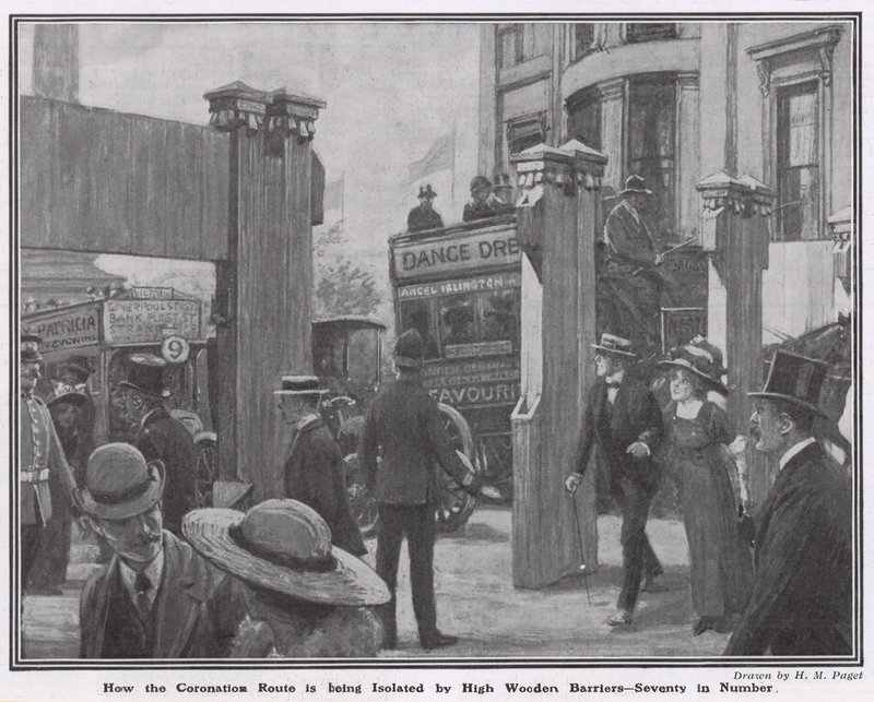 Hoe de kroningsroute wordt geïsoleerd door hoge houten barrières door Henry Marriott Paget