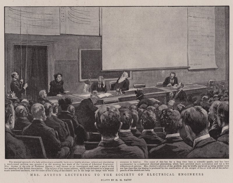 Mevrouw Ayrton geeft een lezing aan de Society of Electrical Engineers door Henry Marriott Paget