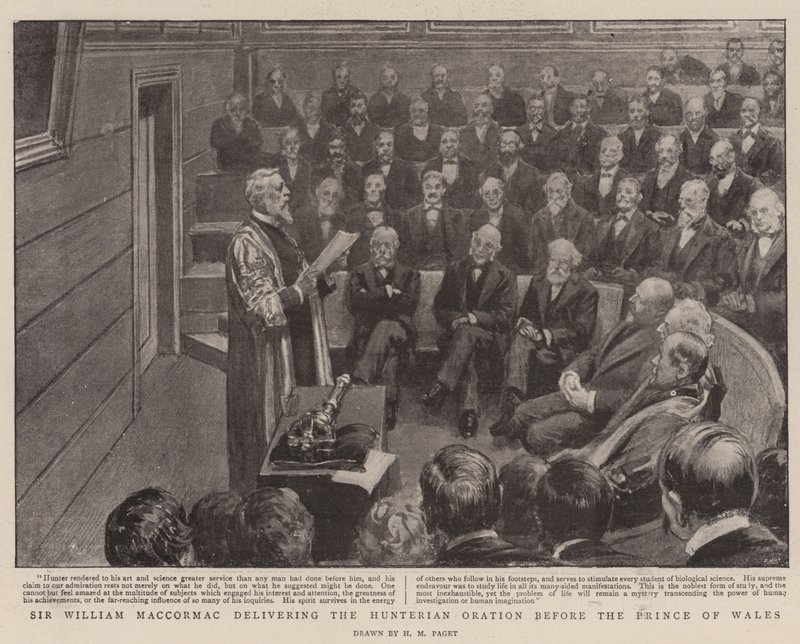Sir William MacCormac houdt de Hunterian Oratie voor de Prins van Wales door Henry Marriott Paget