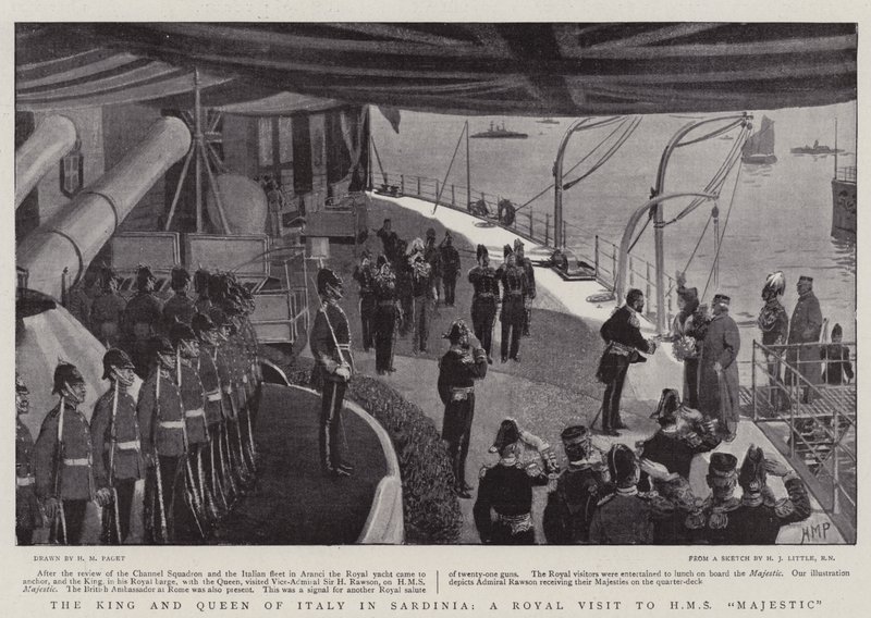 De koning en koningin van Italië in Sardinië, een koninklijk bezoek aan HMS Majestic door Henry Marriott Paget