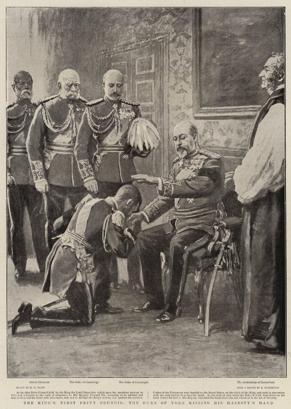 De Eerste Geheime Raad van de Koning, de Hertog van York kust de hand van Zijne Majesteit door Henry Marriott Paget