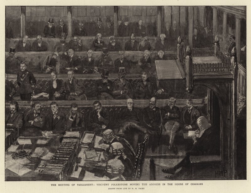 De Vergadering van het Parlement, Burggraaf Folkestone die het Adres in het Lagerhuis verplaatst door Henry Marriott Paget