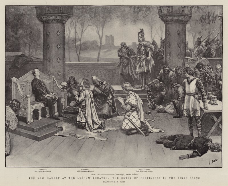 De nieuwe Hamlet in het Lyceum Theatre, de intrede van Fortinbras in de slotscène door Henry Marriott Paget