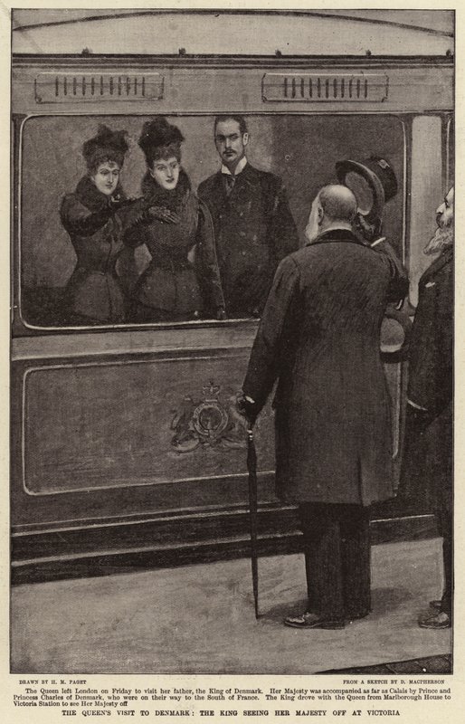 Het bezoek van de koningin aan Denemarken, de koning neemt afscheid van Hare Majesteit op Victoria door Henry Marriott Paget