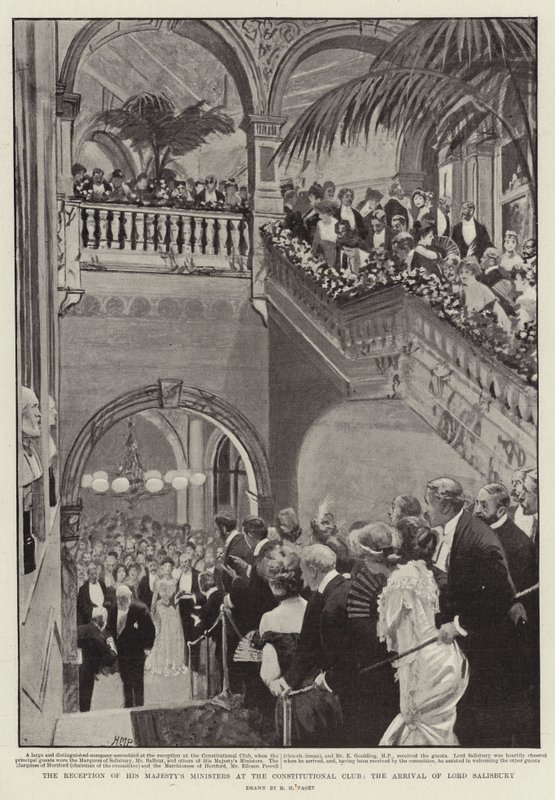 De ontvangst van de ministers van Zijne Majesteit in de Constitutionele Club, de aankomst van Lord Salisbury door Henry Marriott Paget