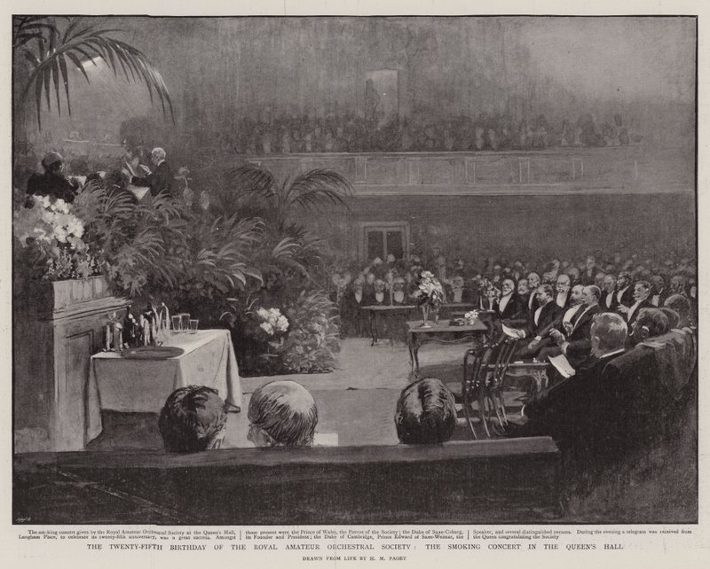 De vijfentwintigste verjaardag van de Royal Amateur Orchestral Society, het rookconcert in de Queen