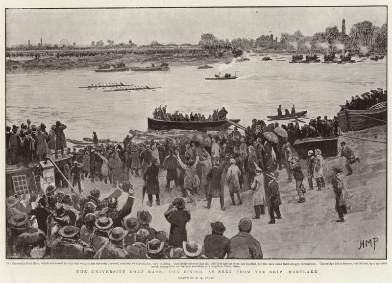 De universiteitsbootrace, de finish, gezien vanaf het schip, Mortlake door Henry Marriott Paget