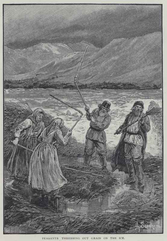 Boeren die graan dorsen op het ijs door Henry Sandham