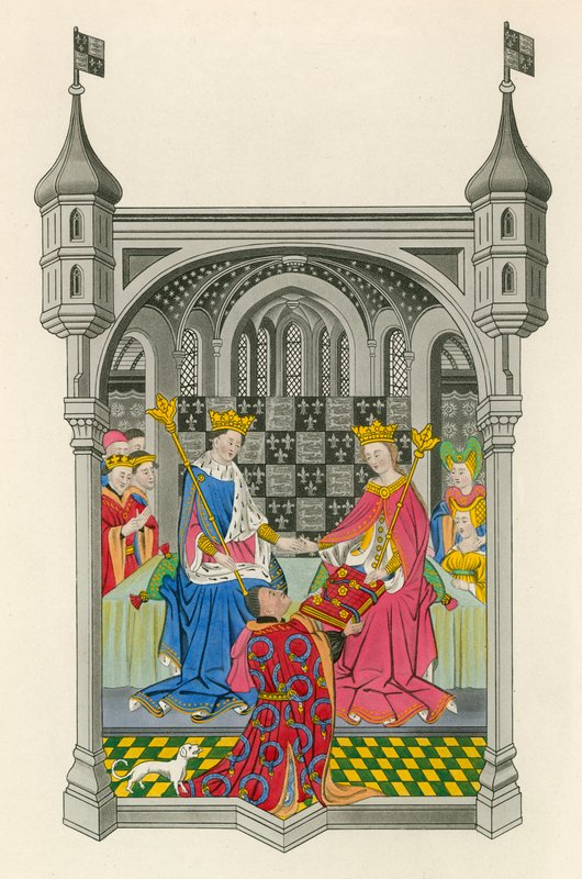 John Talbot, Graaf van Shrewsbury, presenteert zijn boek aan Koningin Margaret, illustratie uit 
