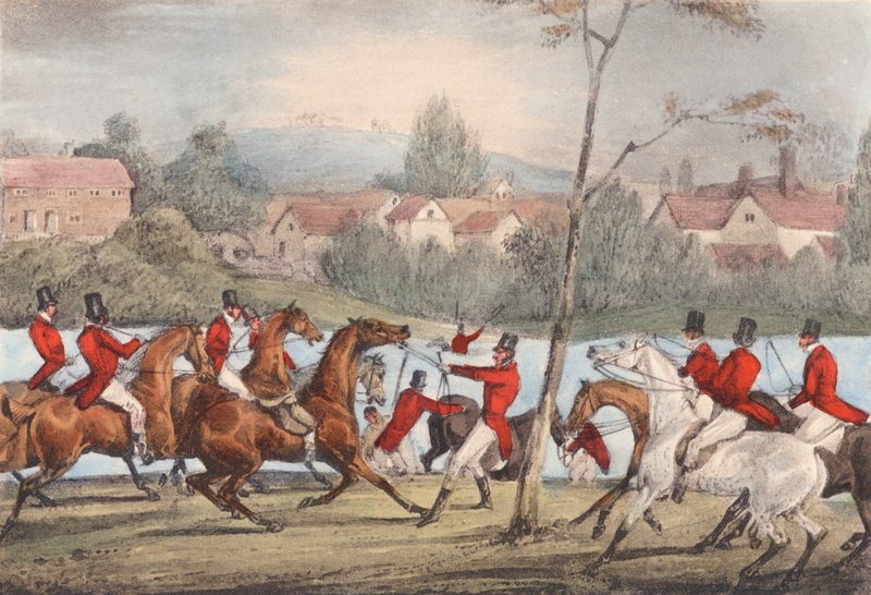 Mytton zwemt de Severn bij Uppington Ferry, Hij die zichzelf een sportman noemt, laat hem mij volgen! door Henry Thomas (after) Alken