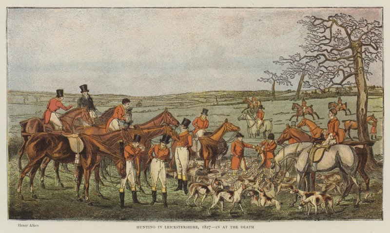 Jacht in Leicestershire, 1827, bij de dood (chromolitho) door Henry Thomas Alken