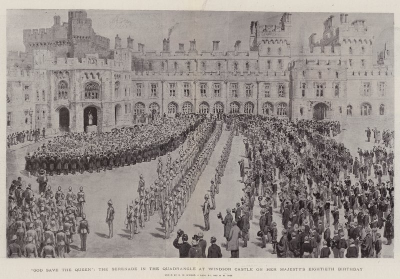 God save the Queen, de serenade in de binnenplaats van Windsor Castle op de tachtigste verjaardag van Hare Majesteit door Henry William Brewer