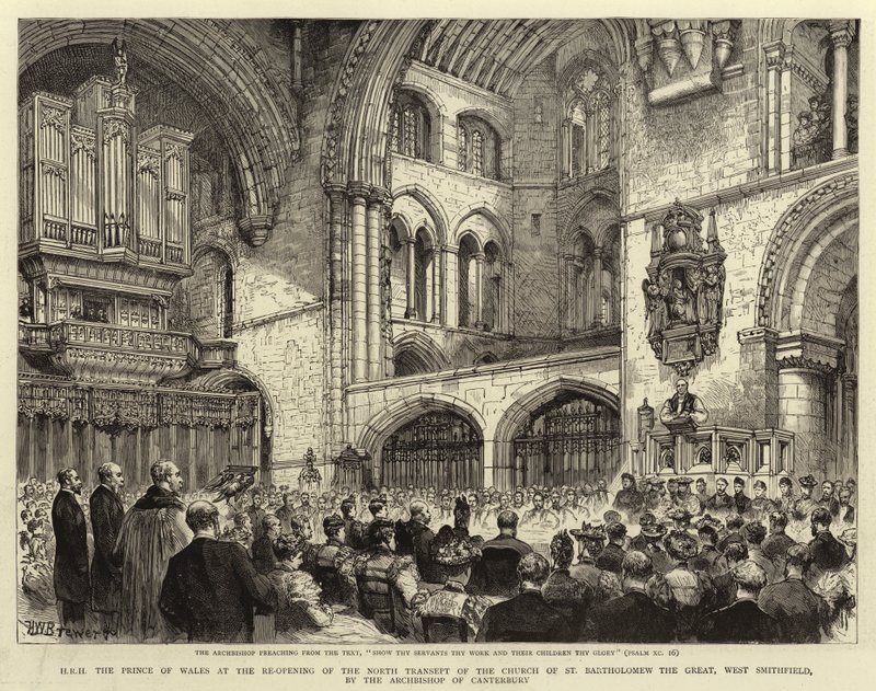 Z.K.H. de Prins van Wales bij de heropening van het Noord Transept van de Kerk van St Bartholomew the Great, West Smithfield, door de Aartsbisschop van Canterbury door Henry William Brewer