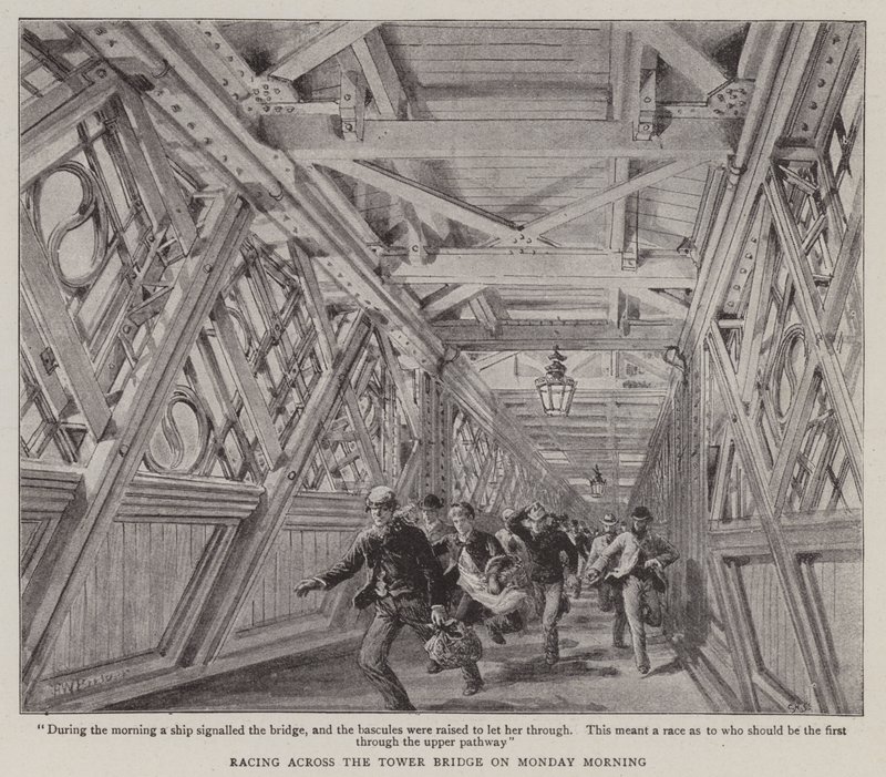 Racen over de Tower Bridge op maandagochtend door Henry William Brewer
