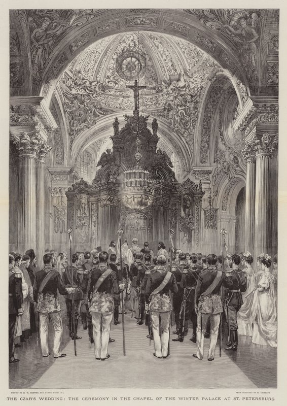Het Huwelijk van de Tsaar, de Ceremonie in de Kapel van het Winterpaleis in Sint-Petersburg door Henry William Brewer