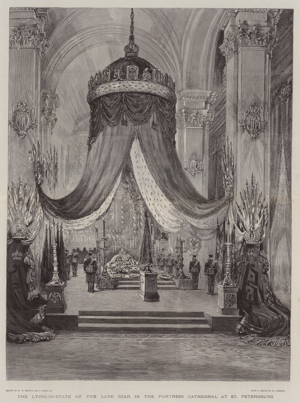 De Lijkstaat van de Laatste Tsaar in de Vestingkathedraal in Sint-Petersburg door Henry William Brewer
