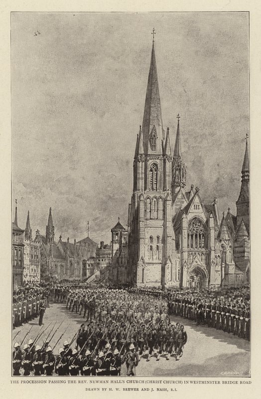 De Processie langs de kerk van dominee Newman Hall (Christ Church) in Westminster Bridge Road door Henry William Brewer