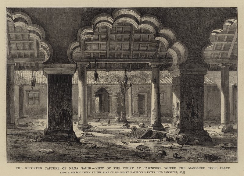 De vermeende gevangenneming van Nana Sahib, uitzicht op de rechtbank in Cawnpore waar het bloedbad plaatsvond door Henry William Brewer