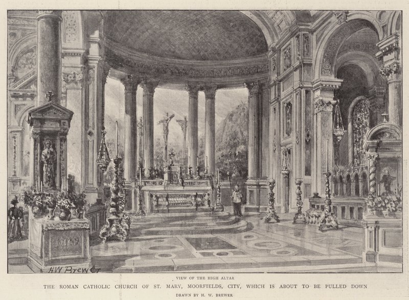 De rooms-katholieke kerk van St. Mary, Moorfields, City, die op het punt staat te worden afgebroken door Henry William Brewer