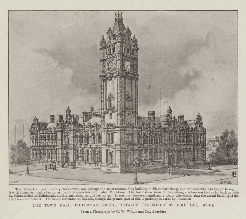 Het stadhuis van Pietermaritzburg, volledig verwoest door brand vorige week door Henry William Brewer