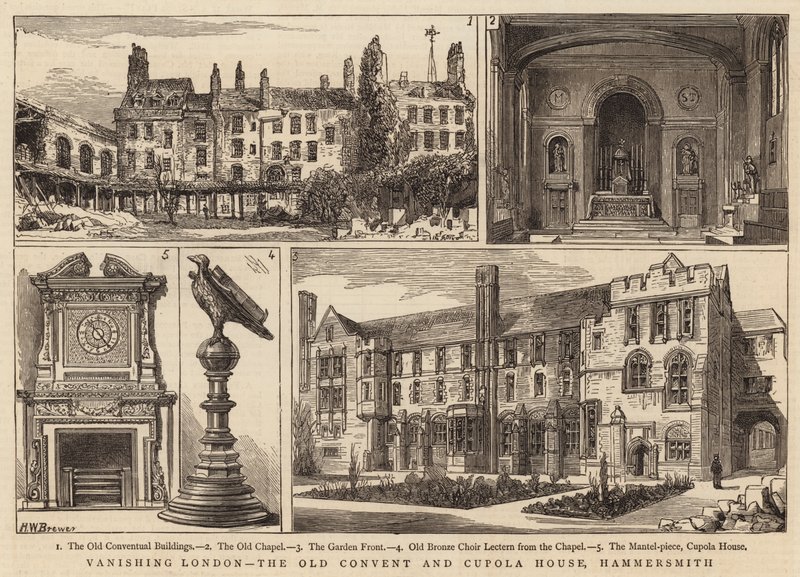 Verdwijnend Londen, het oude klooster en Cupola House, Hammersmith door Henry William Brewer