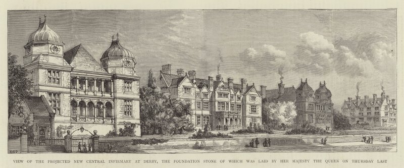 Uitzicht op de geplande nieuwe centrale ziekenboeg in Derby, waarvan de eerste steen werd gelegd door Hare Majesteit de Koningin afgelopen donderdag door Henry William Brewer