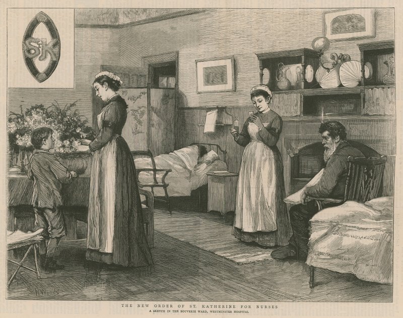 De nieuwe orde van St. Katherine voor Verpleegsters; een schets in de Bouverie Ward, Westminster Hospital door Henry Woods