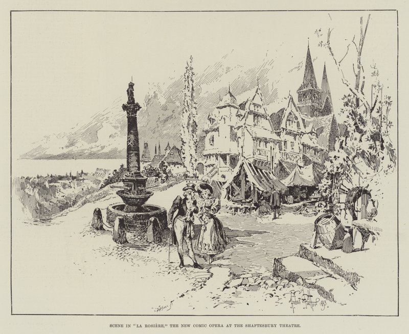 Scène in La Rosiere, de nieuwe komische opera in het Shaftesbury Theatre door Herbert Railton