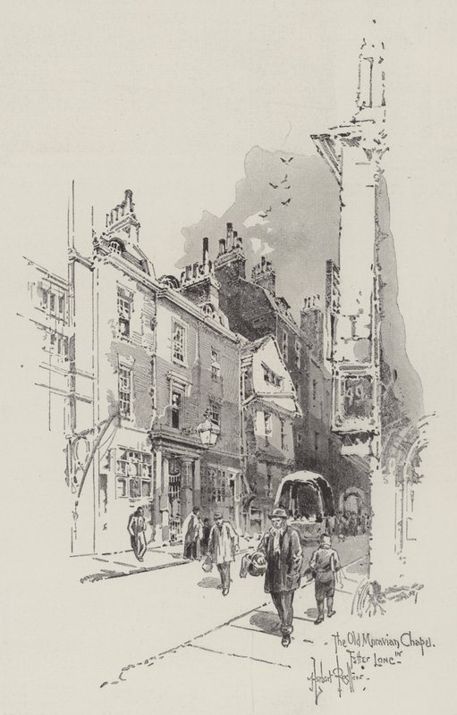 De Oude Moravische Kapel in Fetter Lane door Herbert Railton