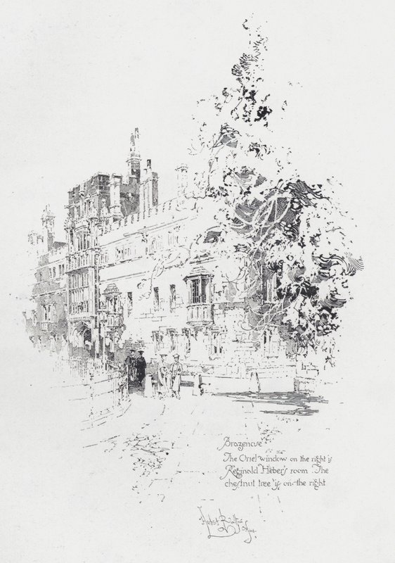 Brasenose College, Oxford, met de kamer van de Engelse geestelijke en schrijver Reginald Heber door Herbert (after) Railton
