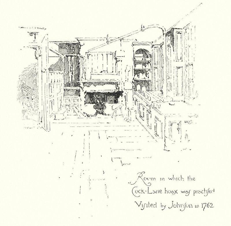 Kamer waarin de Cock-Lane Ghost hoax werd uitgevoerd, bezocht door Dr John in 1762 door Herbert (after) Railton