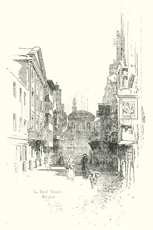 De Devil Tavern, Fleet Street, in de tijd van Dr. Johnson door Herbert (after) Railton