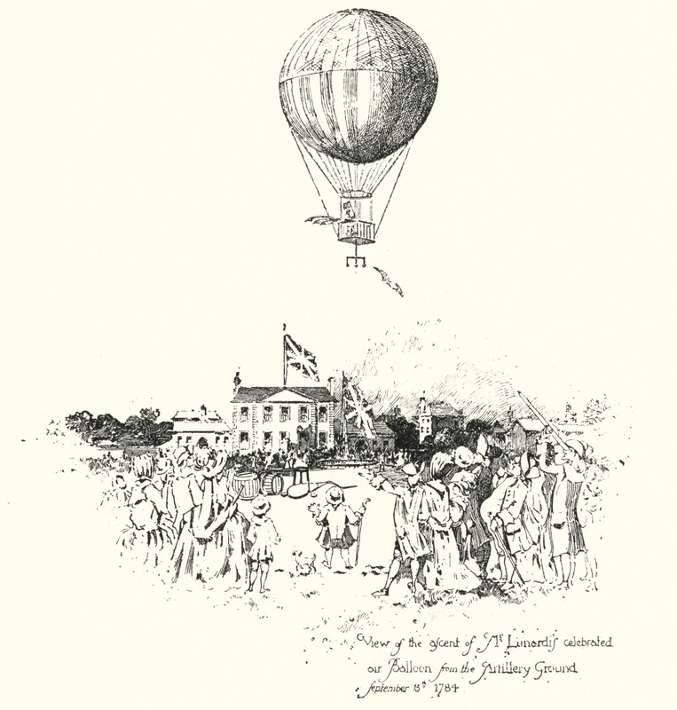 Uitzicht op de opstijging van de beroemde luchtballon van Mr. Lunardi, vanaf het Artillery Ground door Herbert (after) Railton