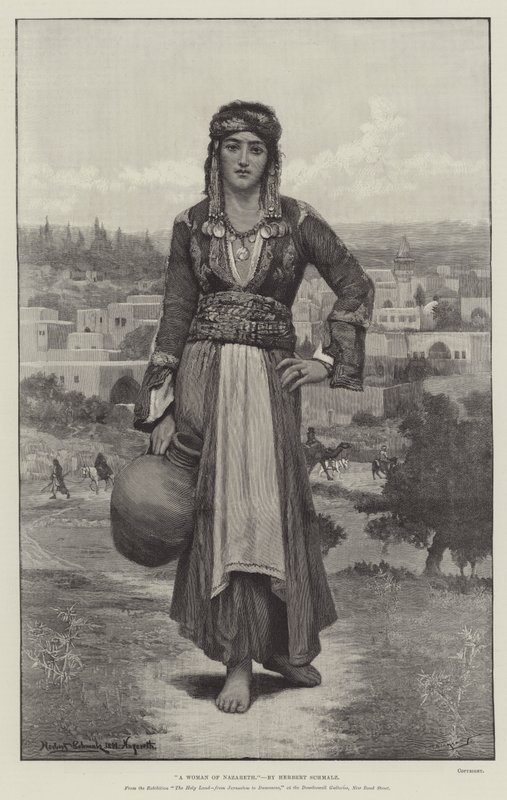 Een vrouw uit Nazareth, van de tentoonstelling Het Heilige Land, van Jeruzalem tot Damascus, in de Dowdeswell Galleries, New Bond Street door Herbert Gustave Schmalz