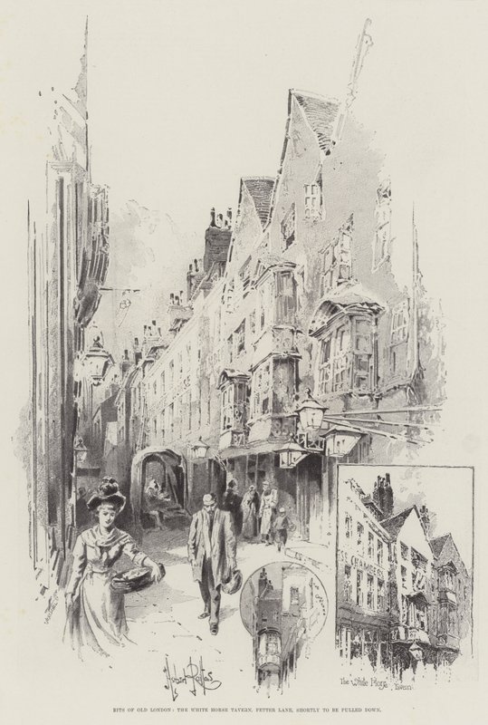 Stukken van Oud Londen, de White Horse Tavern, Fetter Lane, binnenkort gesloopt door Herbert Railton