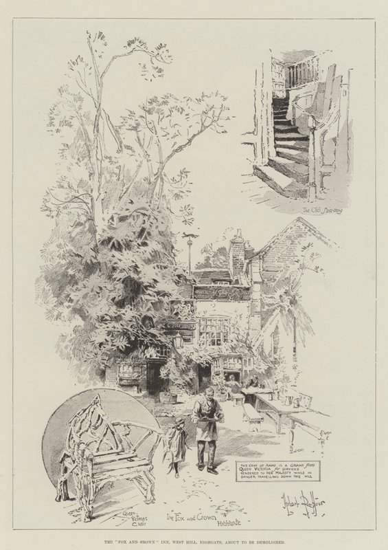 The Fox and Crown Inn, West Hill, Highgate, op het punt om gesloopt te worden door Herbert Railton